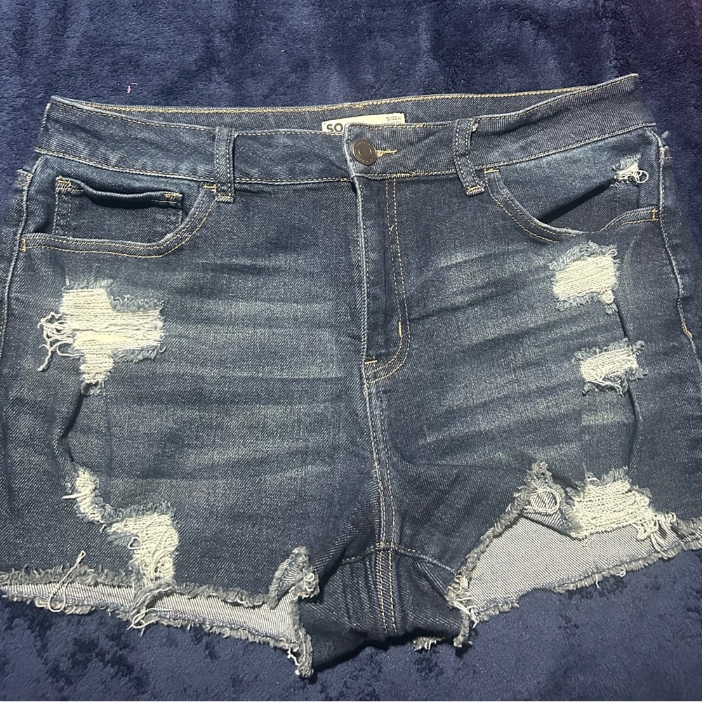 Blue Distressed Jean Shorts with Raw Hem